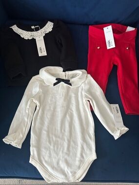 Janie and Jack Black Lace Collar Top, White Bodysuit with Bow & Red Leggings